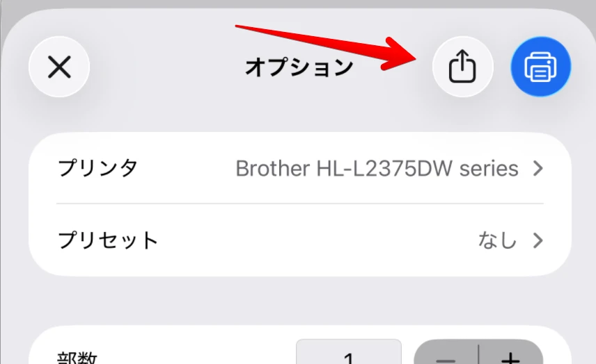 iPhoneの共有メニューからネットワークプリントを選択する画面