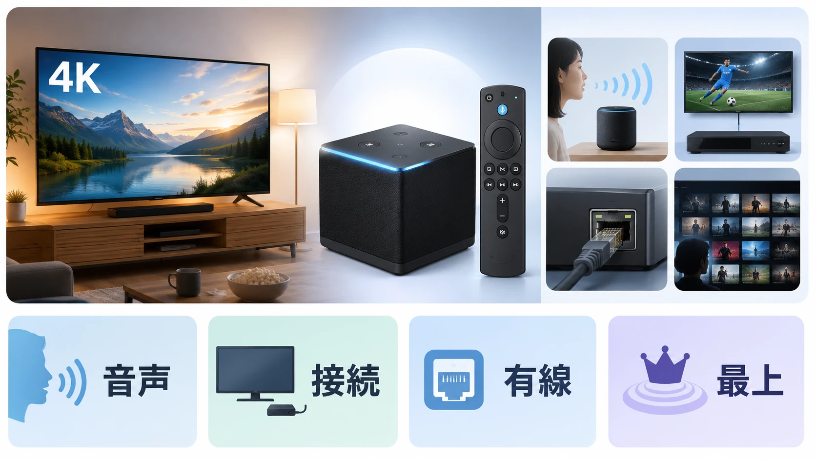 Fire TV Cubeでテレビを声で操作するハンズフリーモデルの説明図