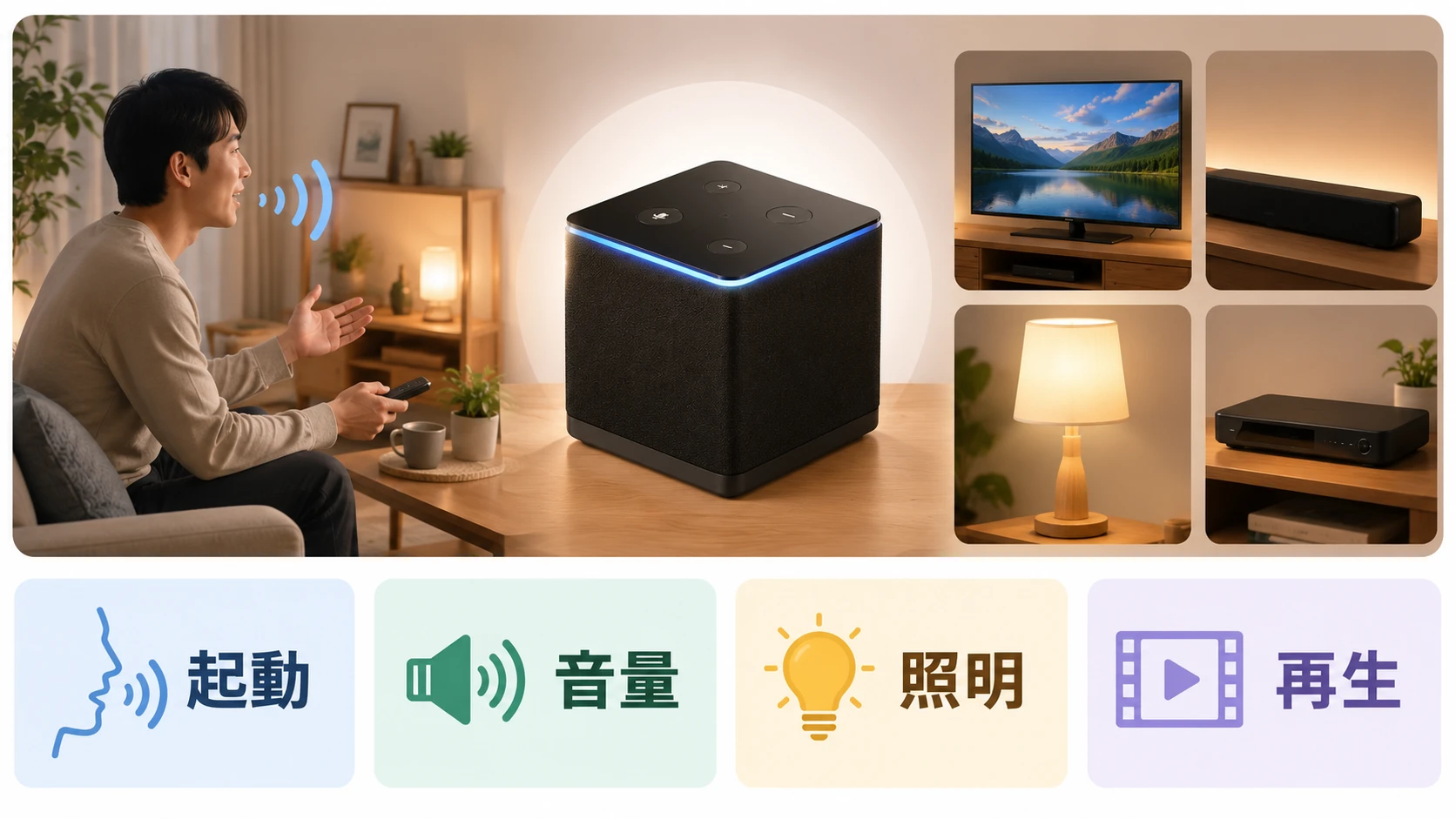 Fire TV Cubeでリビングの機器を声で操作する図