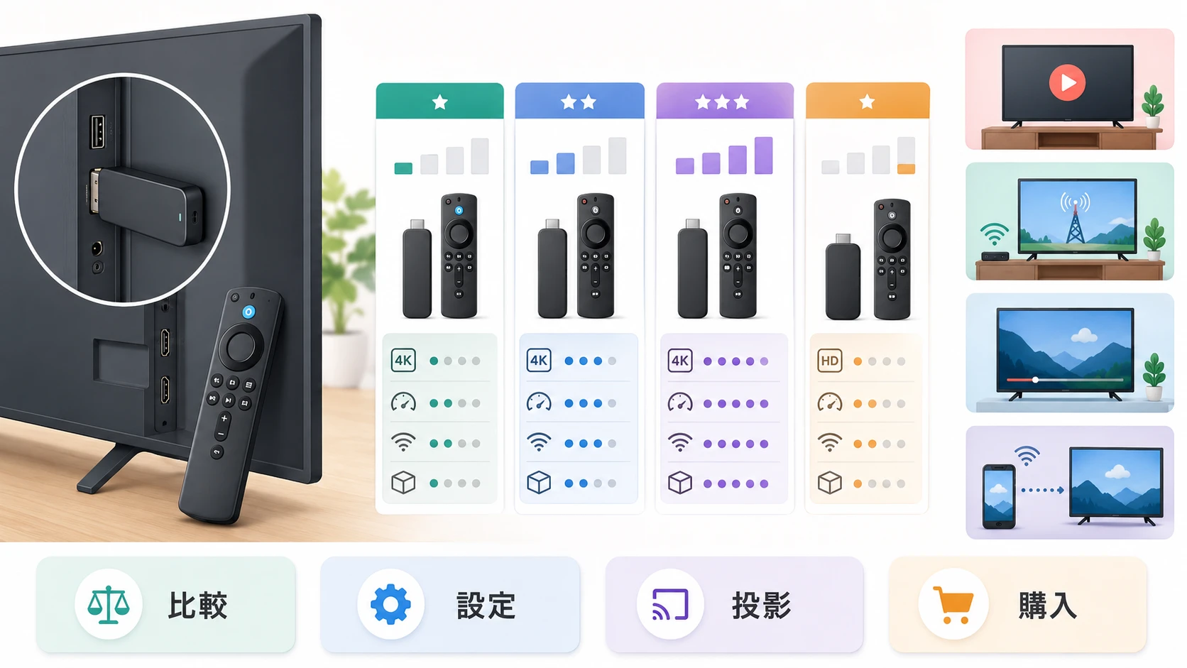 Fire TV Stick 4K Select、4K Plus、4K Max、HDの違いが分かる比較説明図