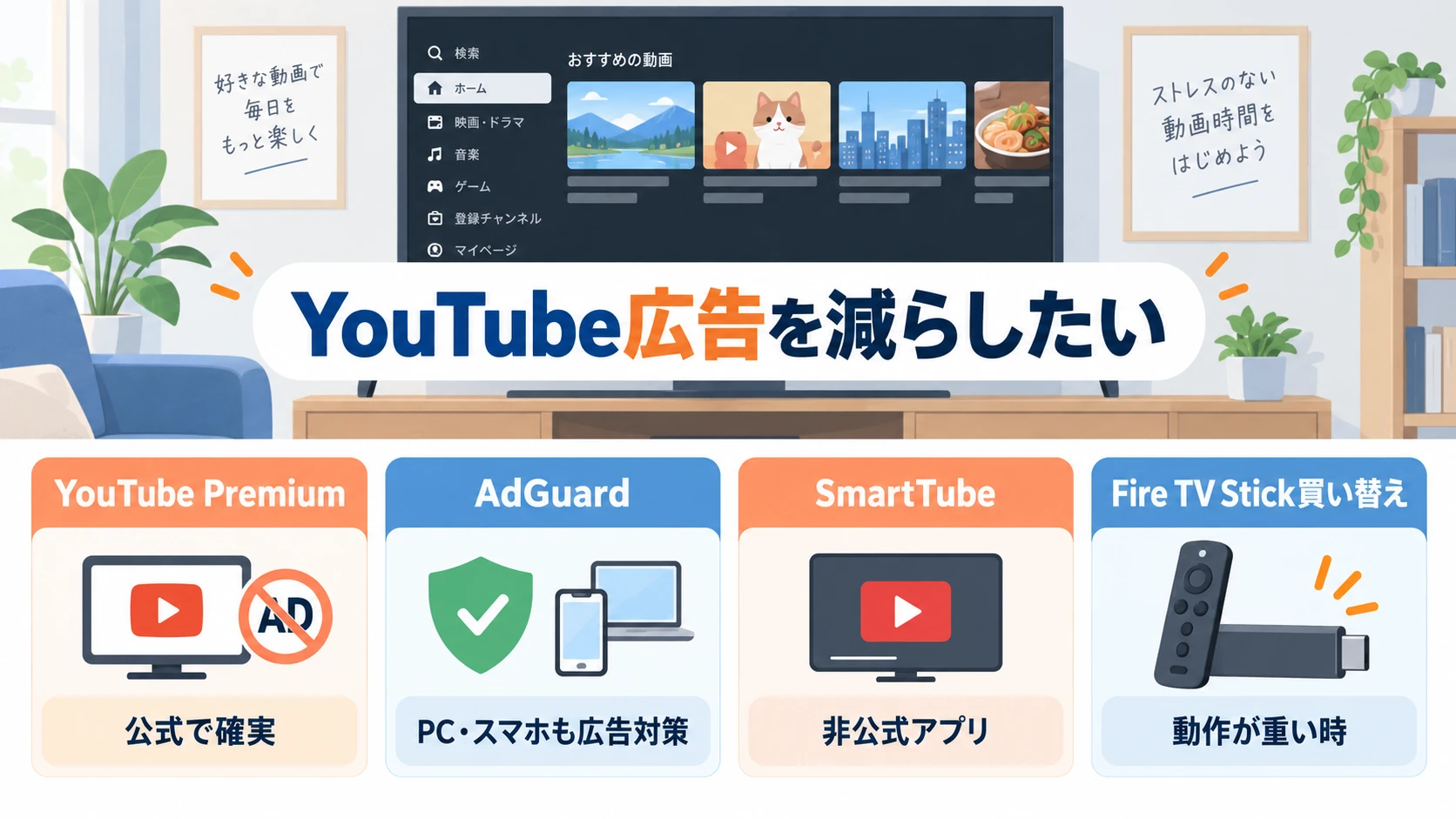 Fire TV StickでYouTube広告を消す方法をAdGuard、SmartTube、YouTube Premiumで比較する図