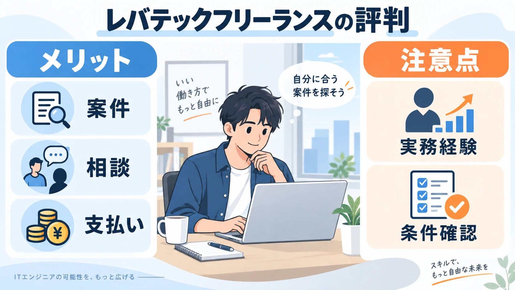レバテックフリーランスのメリットとデメリットを比較する図