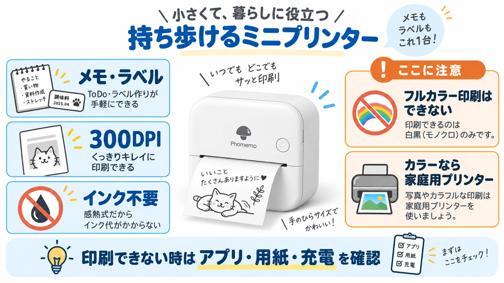 Phomemoはカラー印刷できるか、印刷できない時の原因、M02Sと専用紙の選び方が分かる説明図