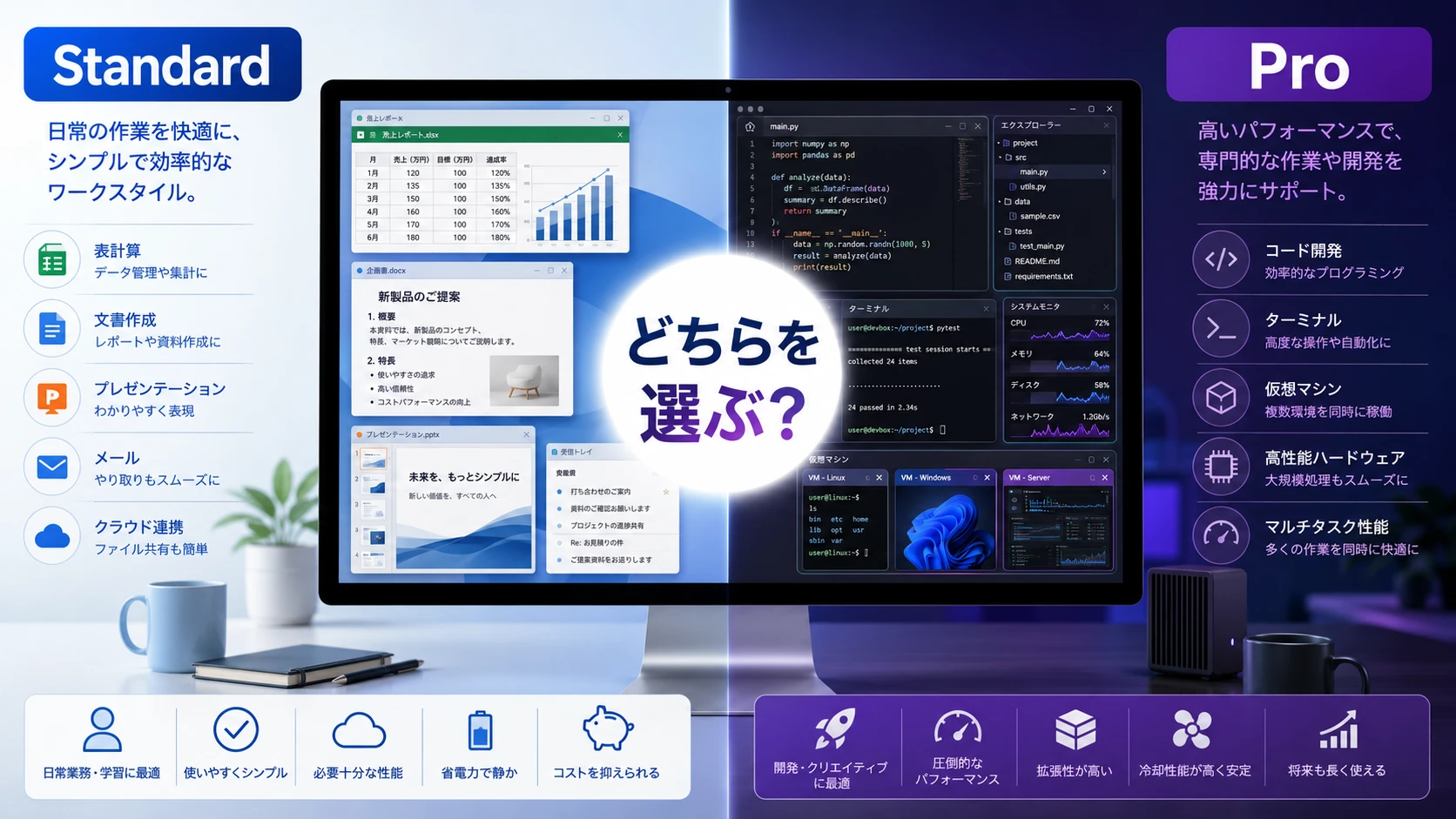 Parallels Desktop StandardとProの違いを比較するイラスト