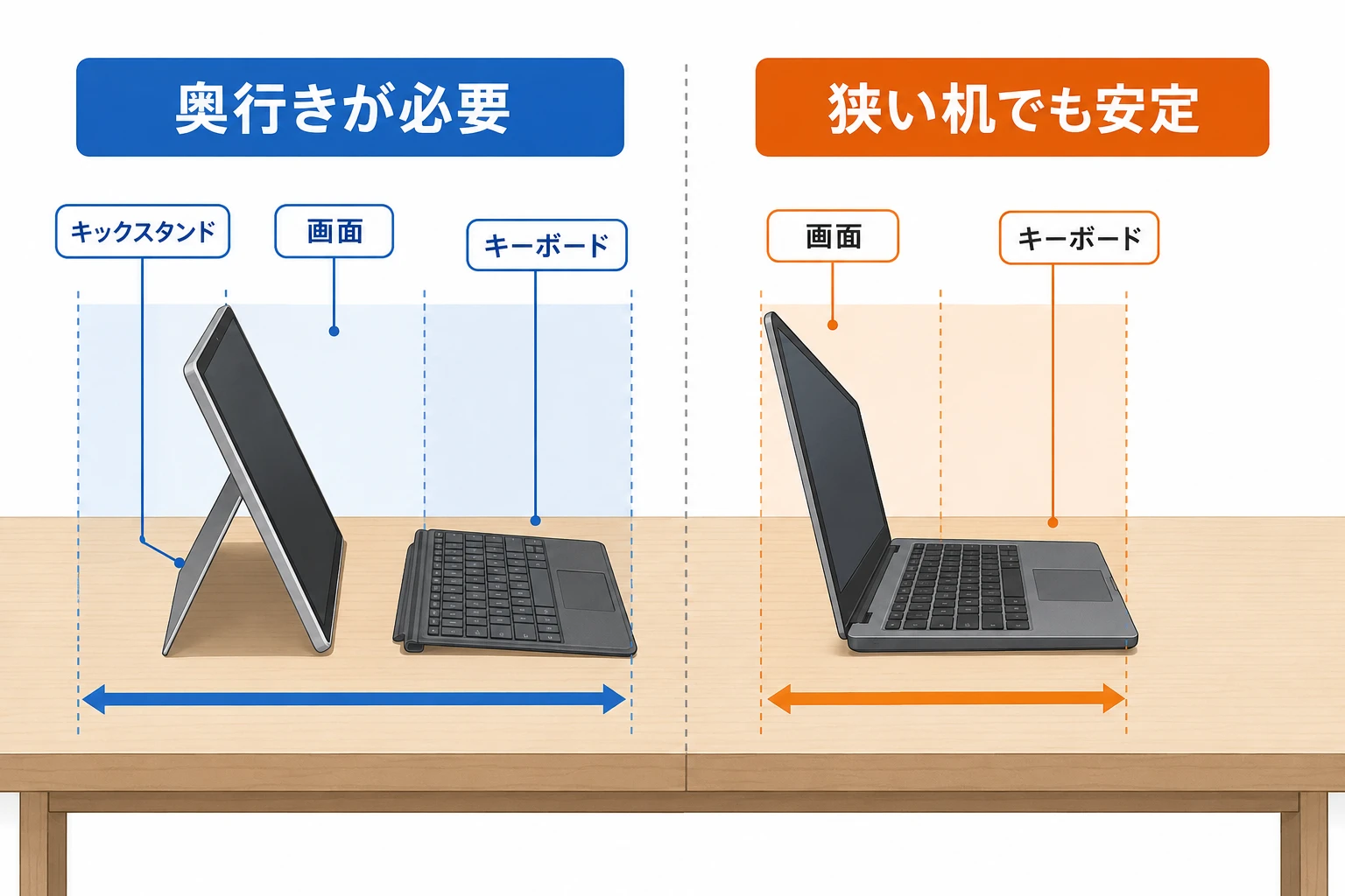Surface Proのキックスタンドと通常ノートPCの設置面積の違い