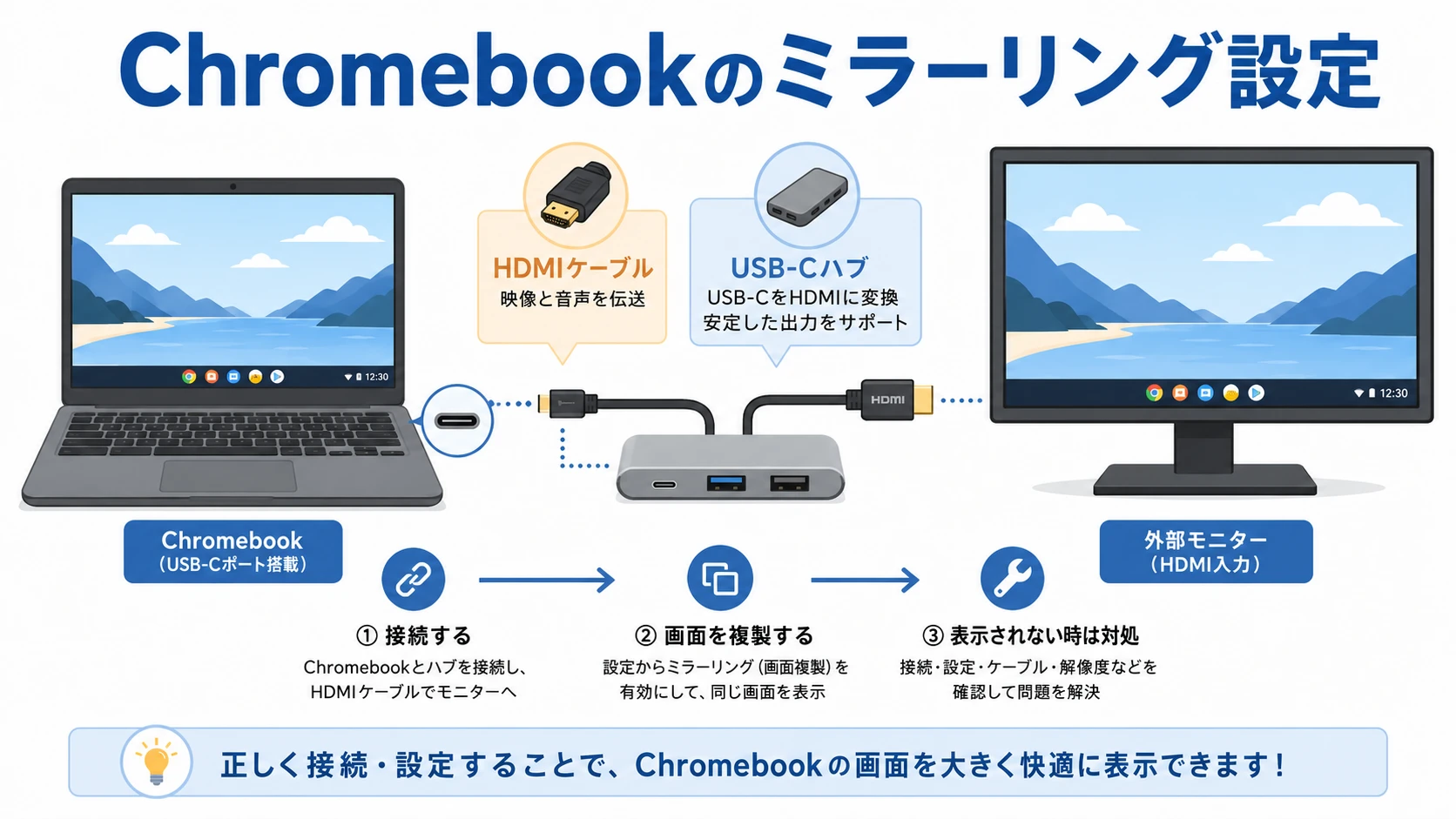 Chromebookを外部モニターに接続してミラーリングする方法の説明図