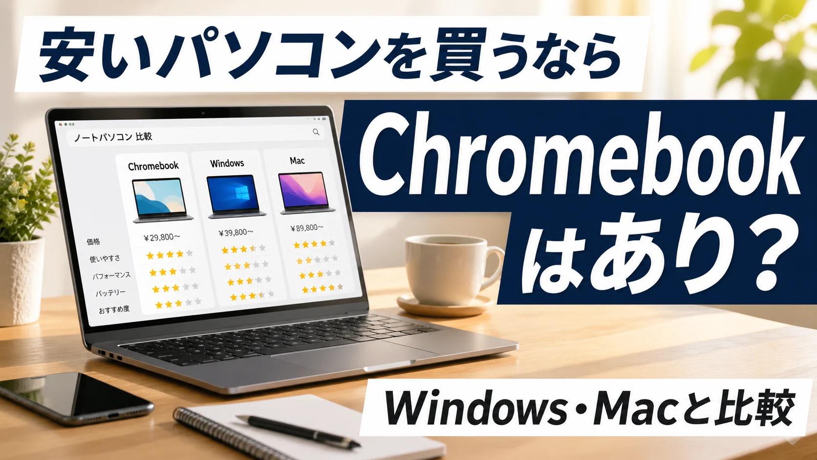 安いパソコンならChromebookは買い? Windows/Mac/MacBook Neoと比較してAmazonで失敗しない選び方