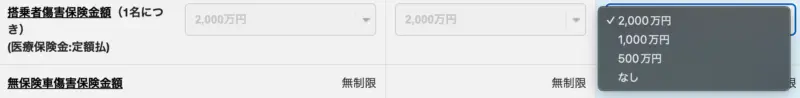 搭乗者傷害保険金額(1名につき)