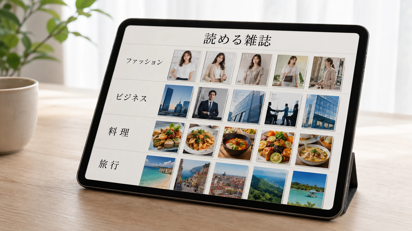 楽天マガジンで読める雑誌をタブレットで探すイメージ