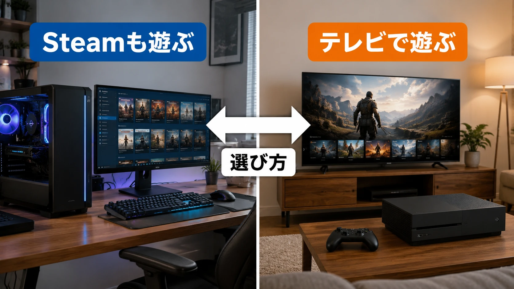 SteamもXboxも遊べるゲーミングPCとテレビで遊ぶXboxの比較画像