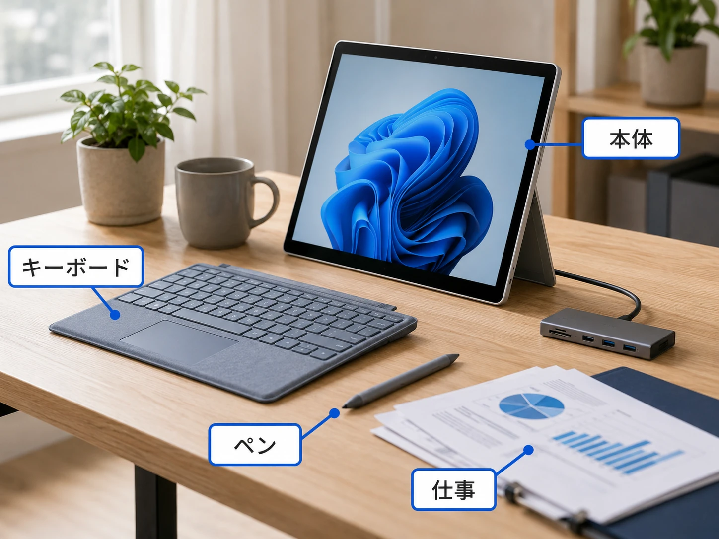Surface本体とキーボードとペンを並べた比較画像