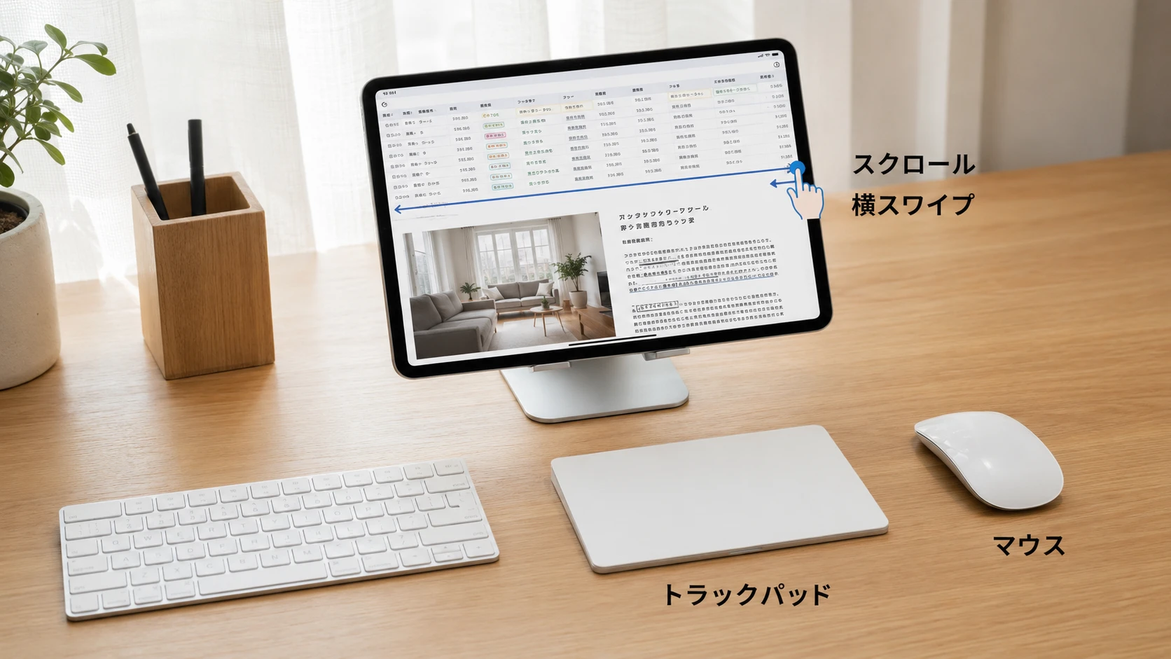 iPadでマウスとトラックパッドを使ってスクロールや横スワイプを操作している様子