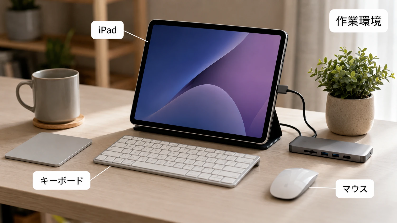 iPadをマウスとキーボードとスタンドでノートパソコン風に使う作業環境