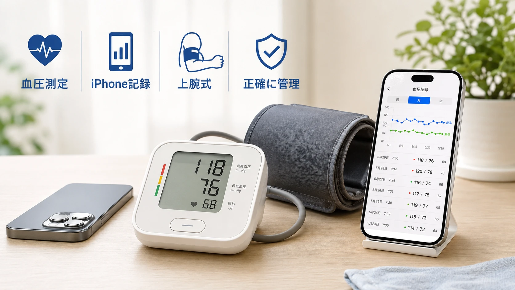 iPhoneとスマホ連携血圧計で血圧を記録するイメージ