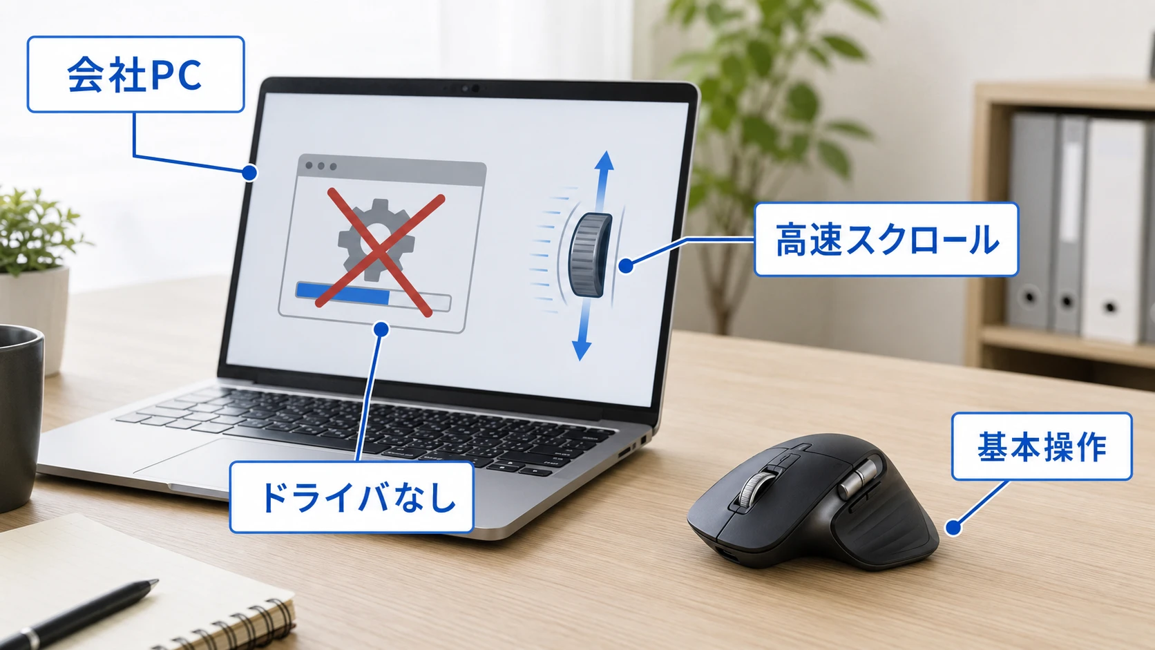 会社PCでMX Master 4をドライバなしで使うイメージ