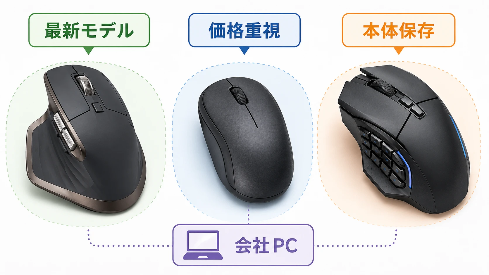 MX Master 4とMX Master 3Sとオンボードメモリ搭載マウスの比較図