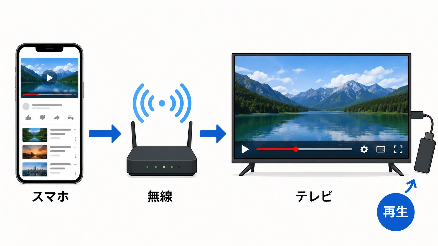スマホからFire TV StickへYouTube動画をキャストする説明図 