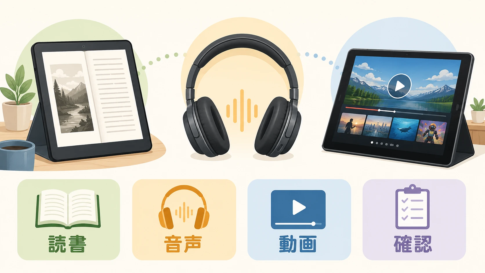 Fireタブレットで読書、音楽、動画を使い分ける説明図