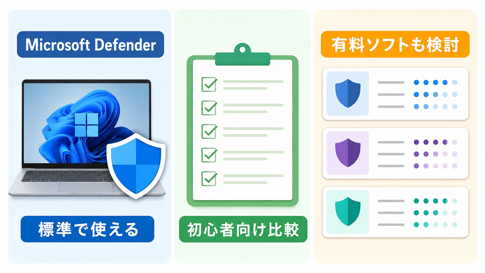 Microsoft Defenderだけで大丈夫かと有料セキュリティソフトの必要性を比較する説明図