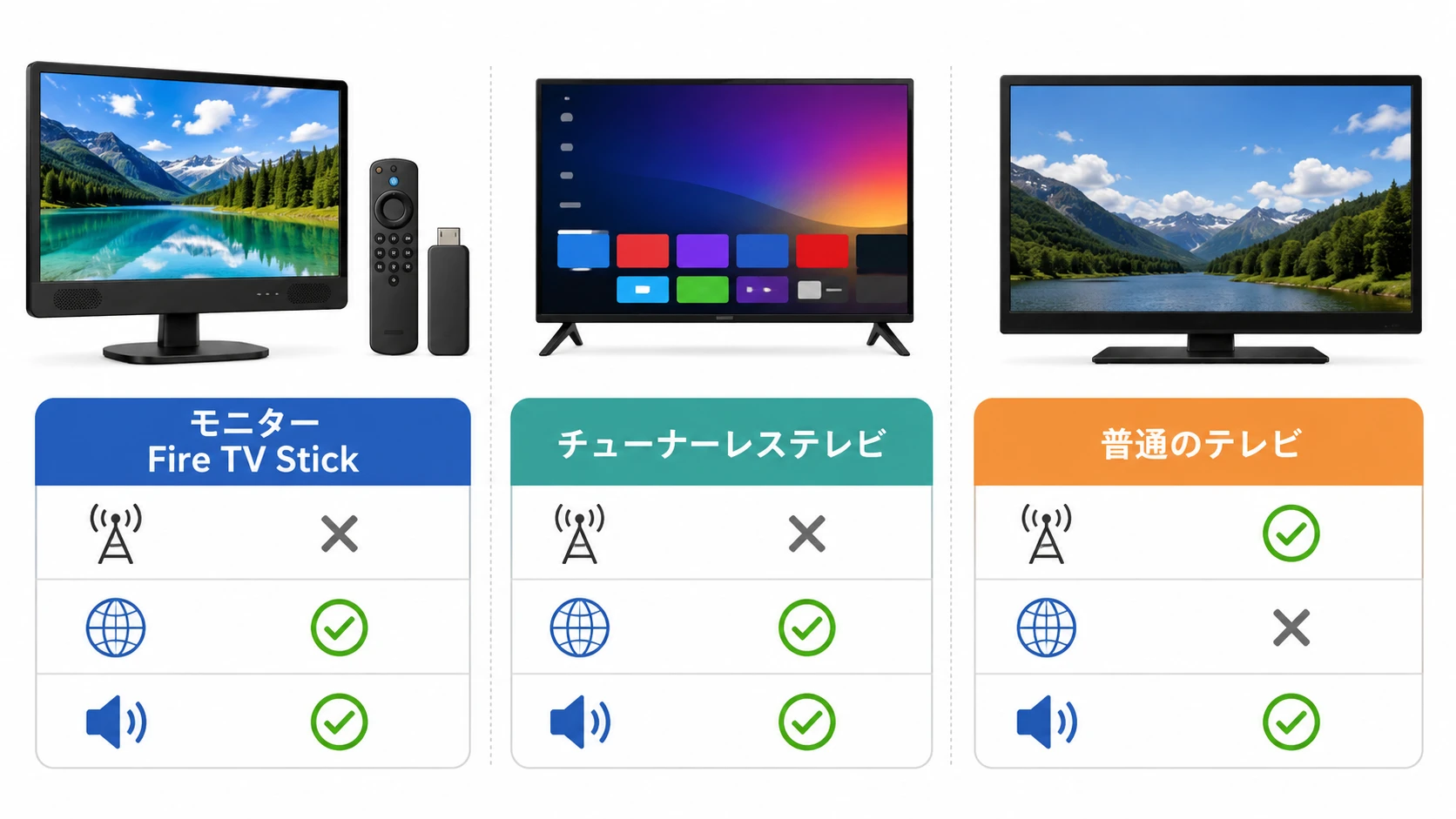 モニターとFire TV Stickとチューナーレステレビの違いを比較する説明図