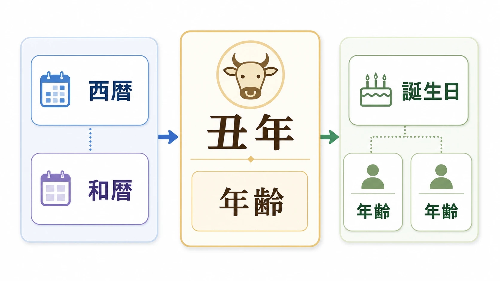 丑年生まれの年齢早見表。2026年版の西暦、和暦、誕生日前後の年齢が分かる説明図