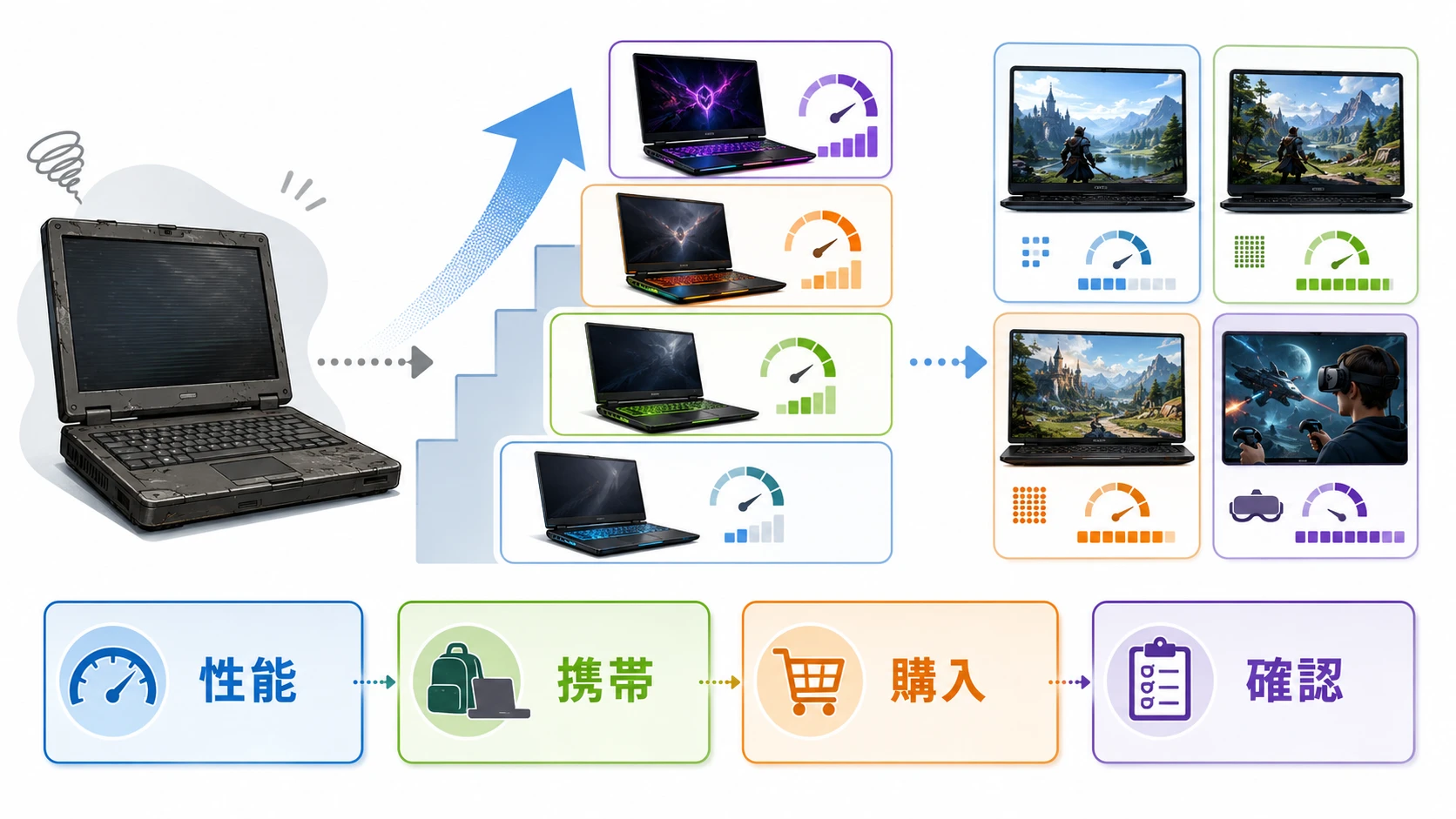 ゲーミングノートPC性能順と買い替え目安の説明図