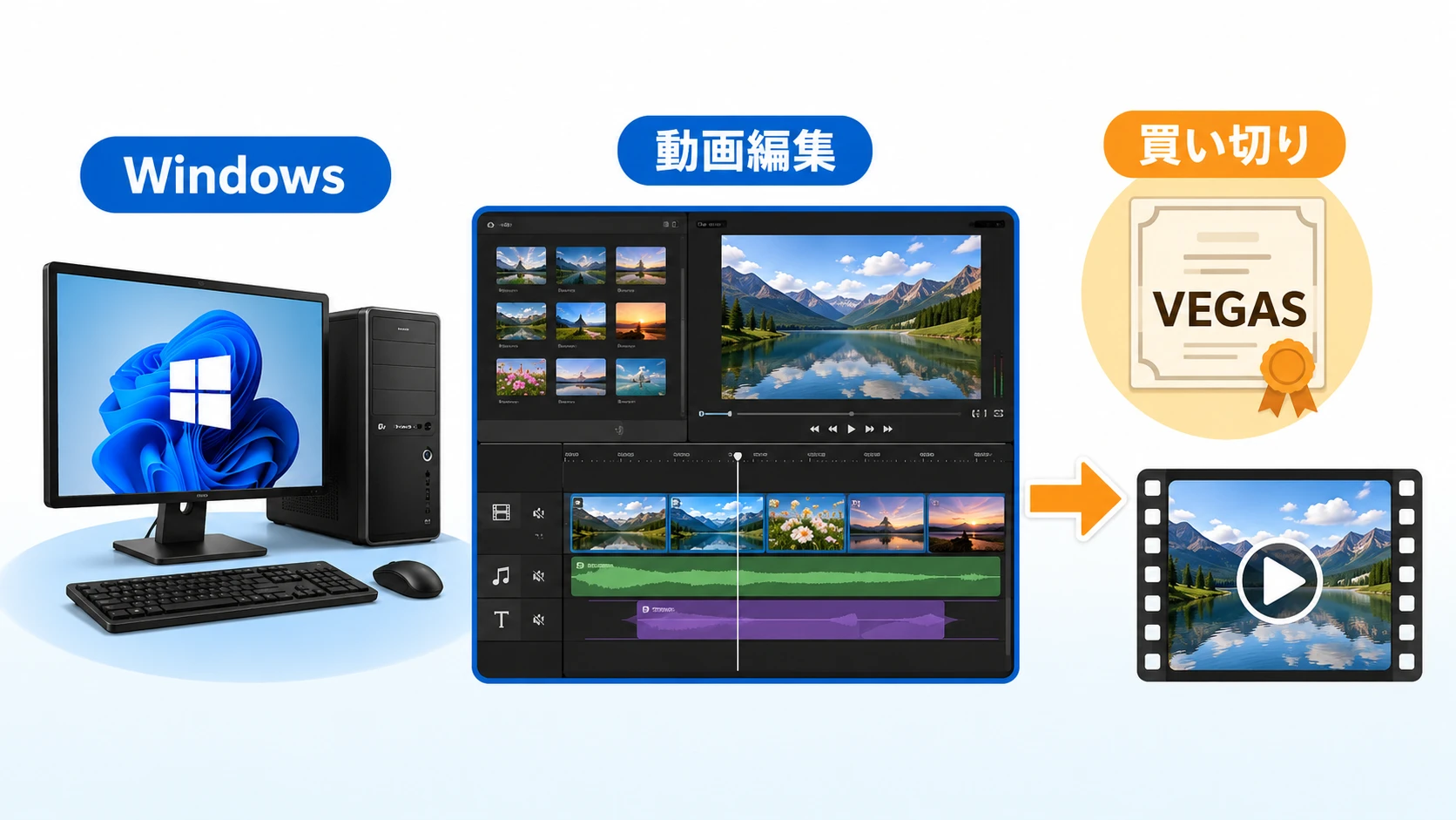 Windowsの買い切り動画編集ソフトとしてVEGAS Proを選ぶイメージ