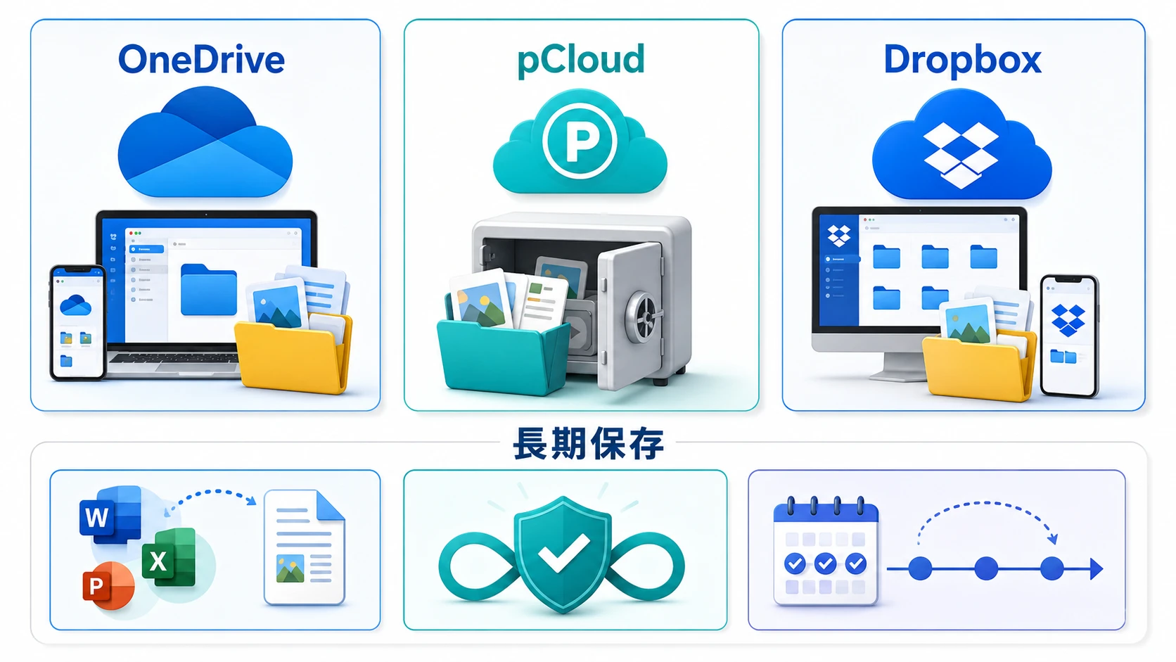 OneDrive、pCloud、Dropboxのクラウドストレージ比較図