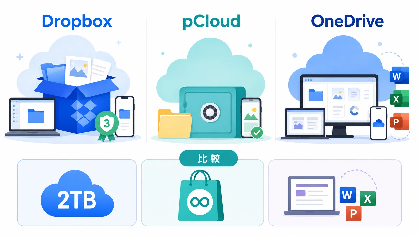 Dropbox Plus 3年版、pCloud、OneDriveを比較する説明図