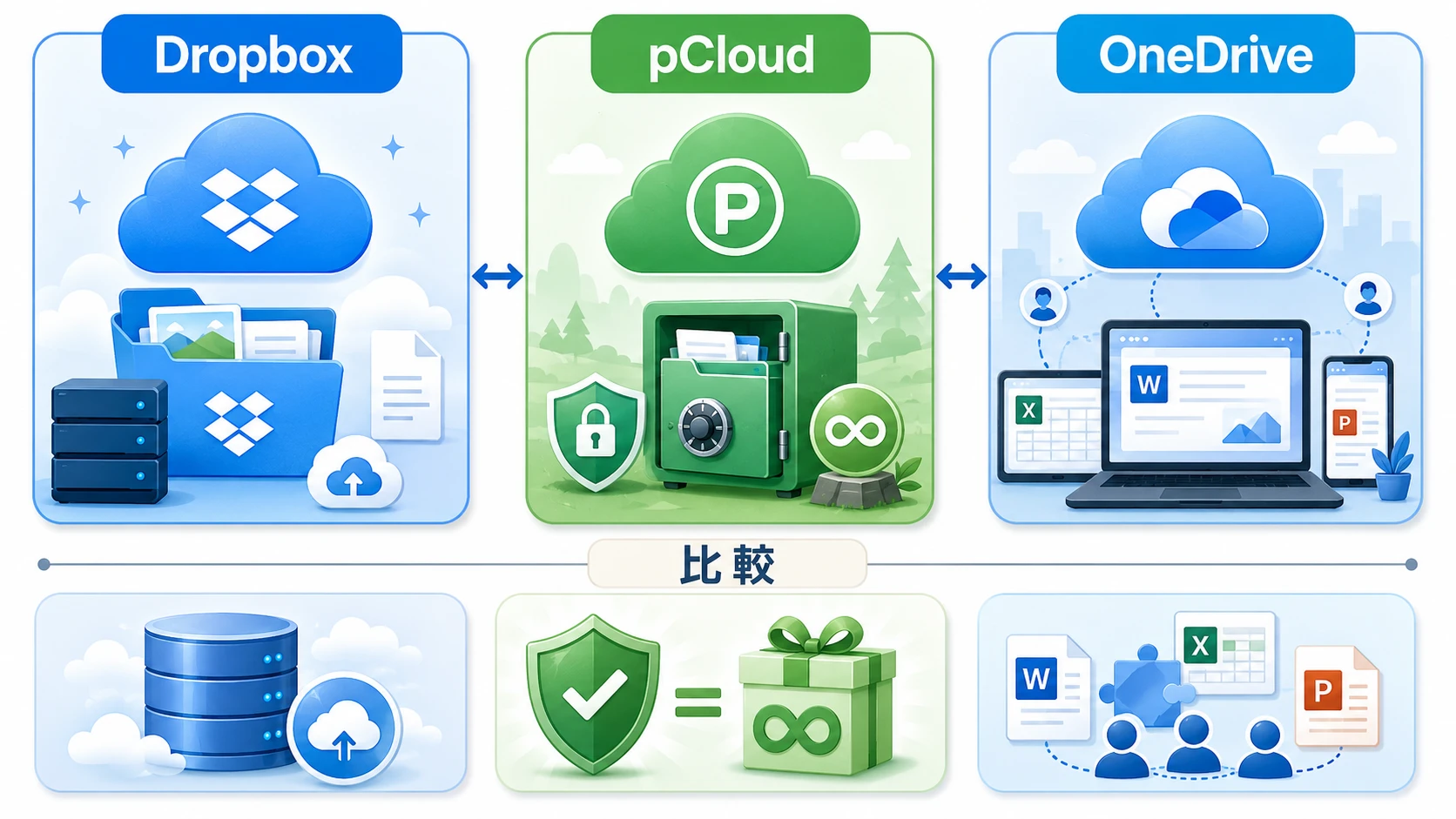 Dropbox Plus 3年版、pCloud、OneDriveの比較図