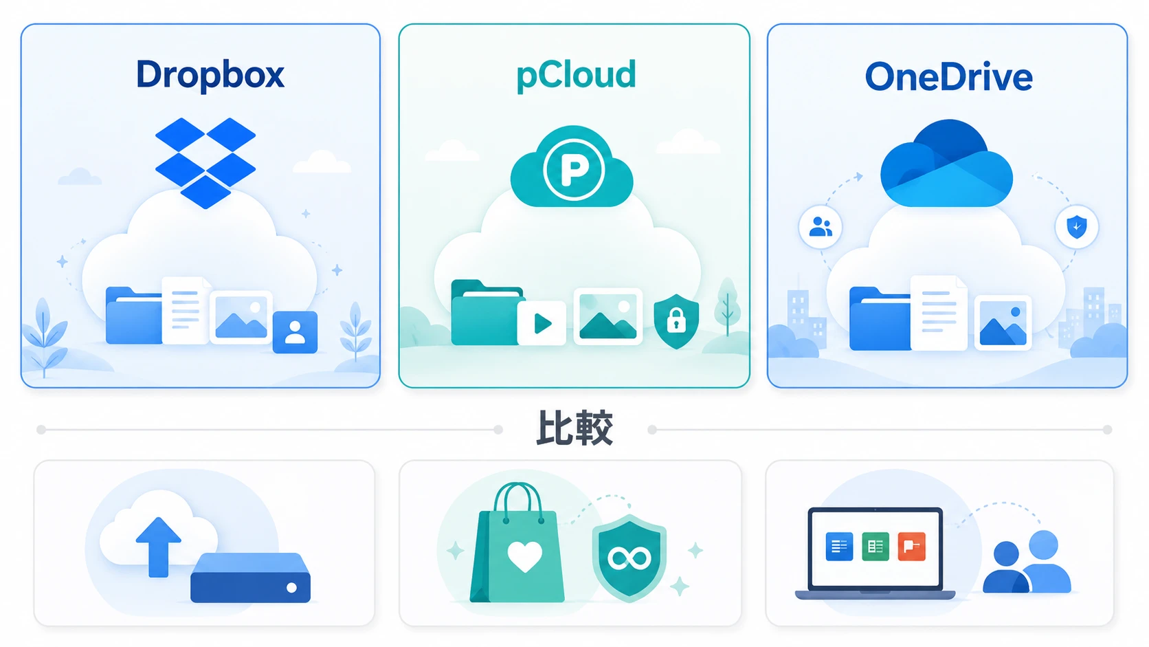 Dropbox Plus 3年版、pCloud、OneDriveの違いを比較する説明図