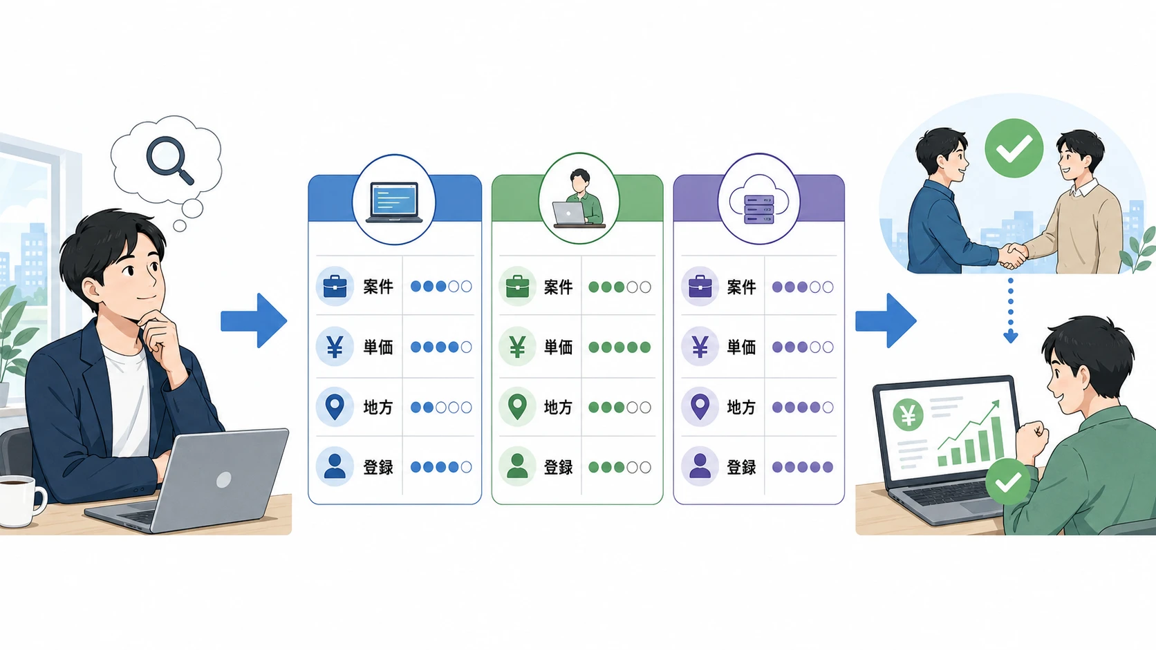 PE-BANK、レバテック、Midworksを比較してフリーランスエンジニア登録を検討する説明図