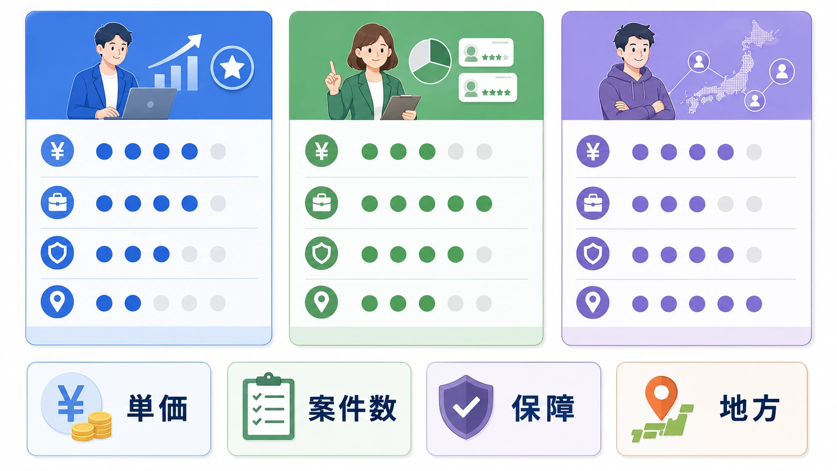 PE-BANK、レバテック、Midworksの比較表と登録判断の説明図