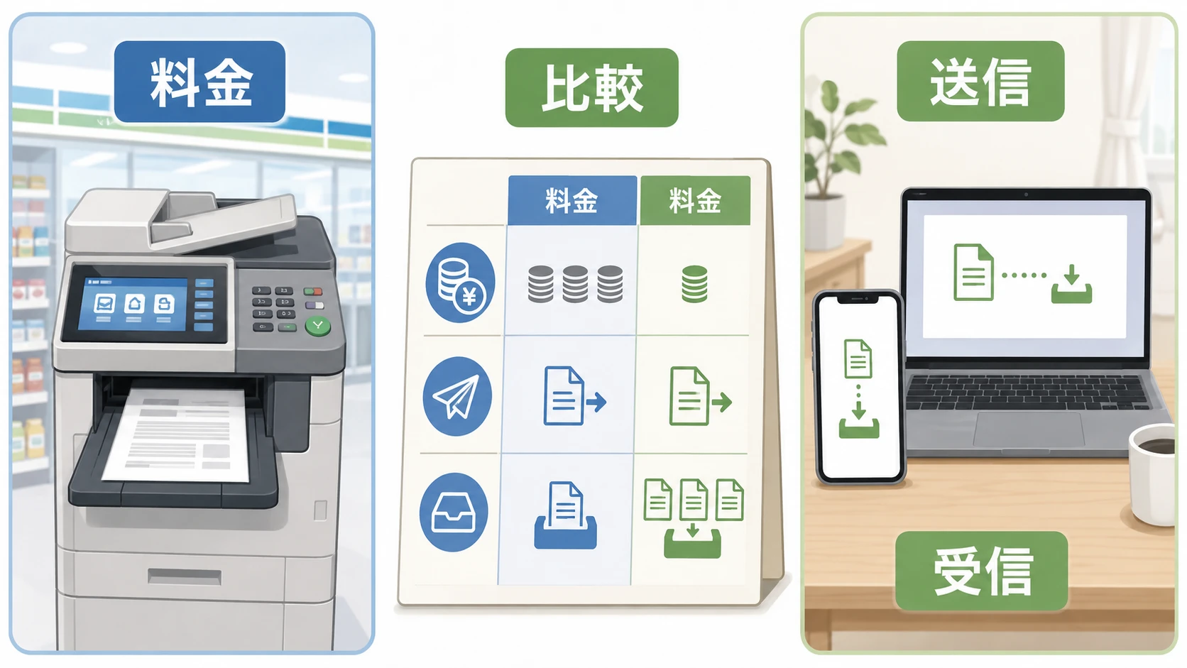 コンビニFAX料金と安く送る方法の比較図