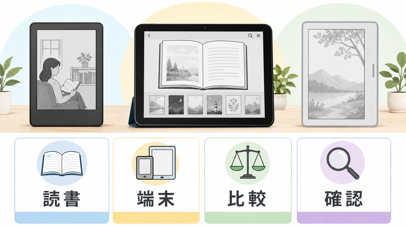 BOOK☆WALKERをKindle、Fireタブレット、Android電子ペーパー端末で比較する説明図