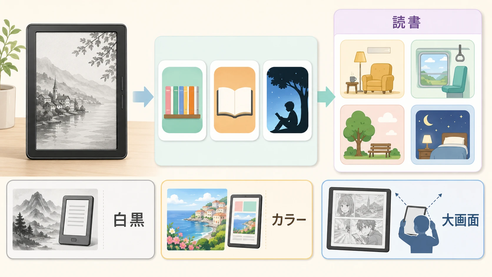 Android対応E-Ink端末でBOOK☆WALKERを読むイメージ図