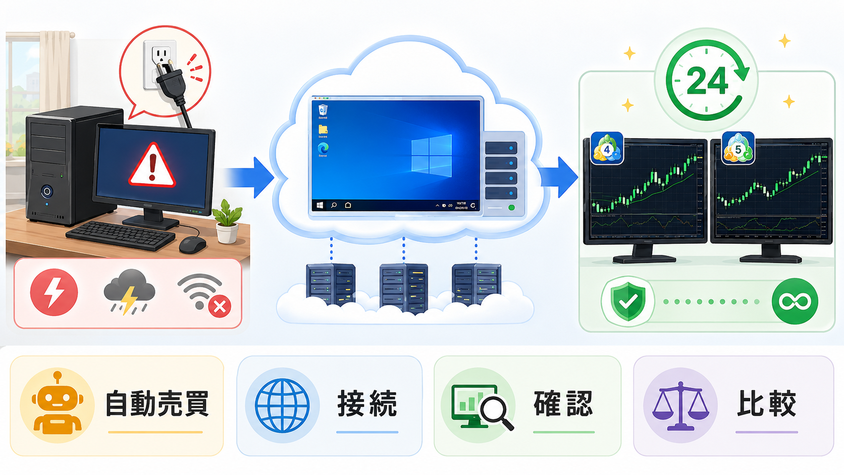 FX自動売買用Windows VPSを比較する説明図