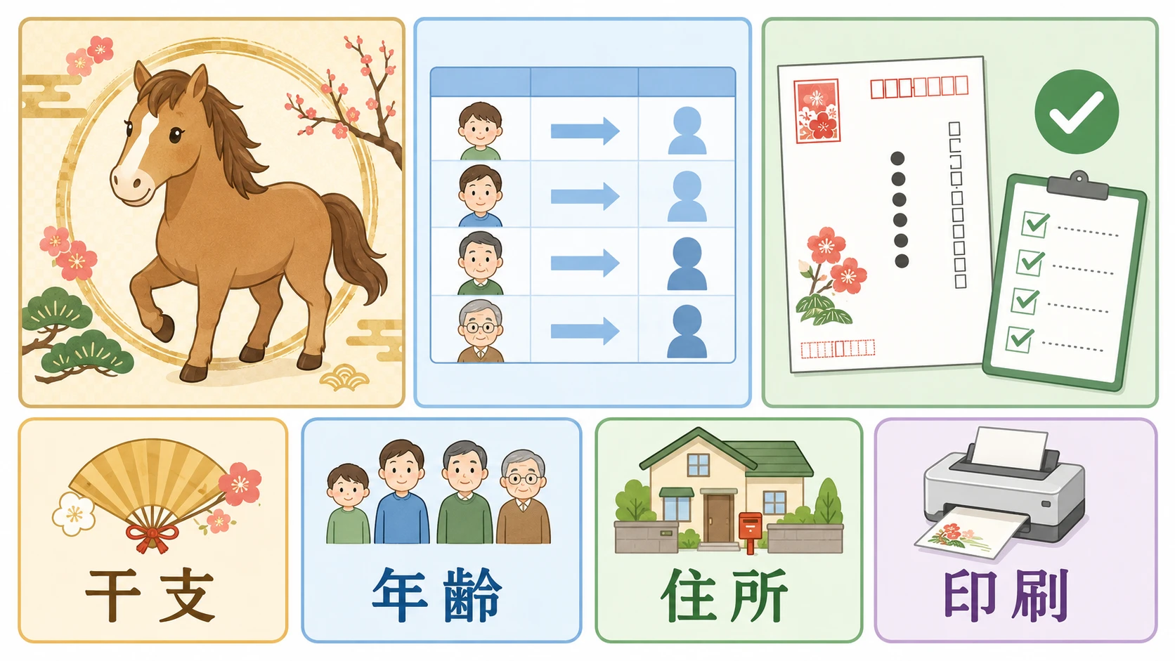 干支と年齢、年女、年男、年賀状準備の流れを示す説明図