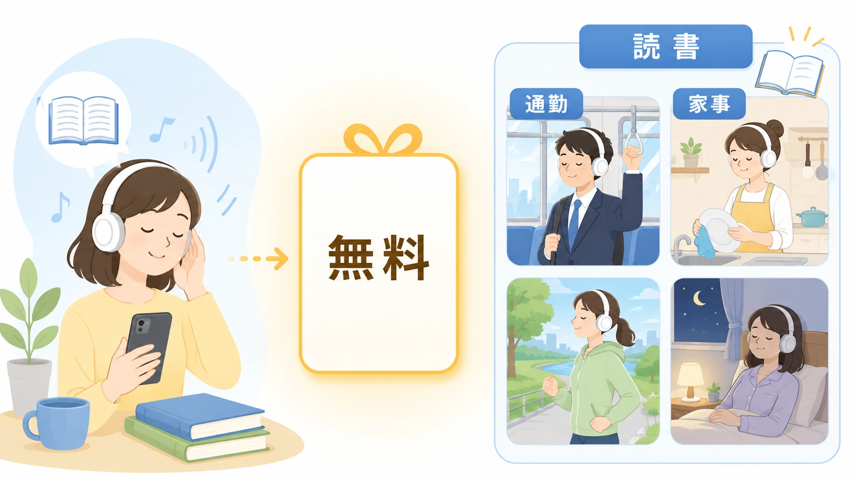 Audibleプレミアムプラン無料体験の始め方。通勤、家事、散歩、寝る前に本を聴く流れが分かる初心者向け説明図