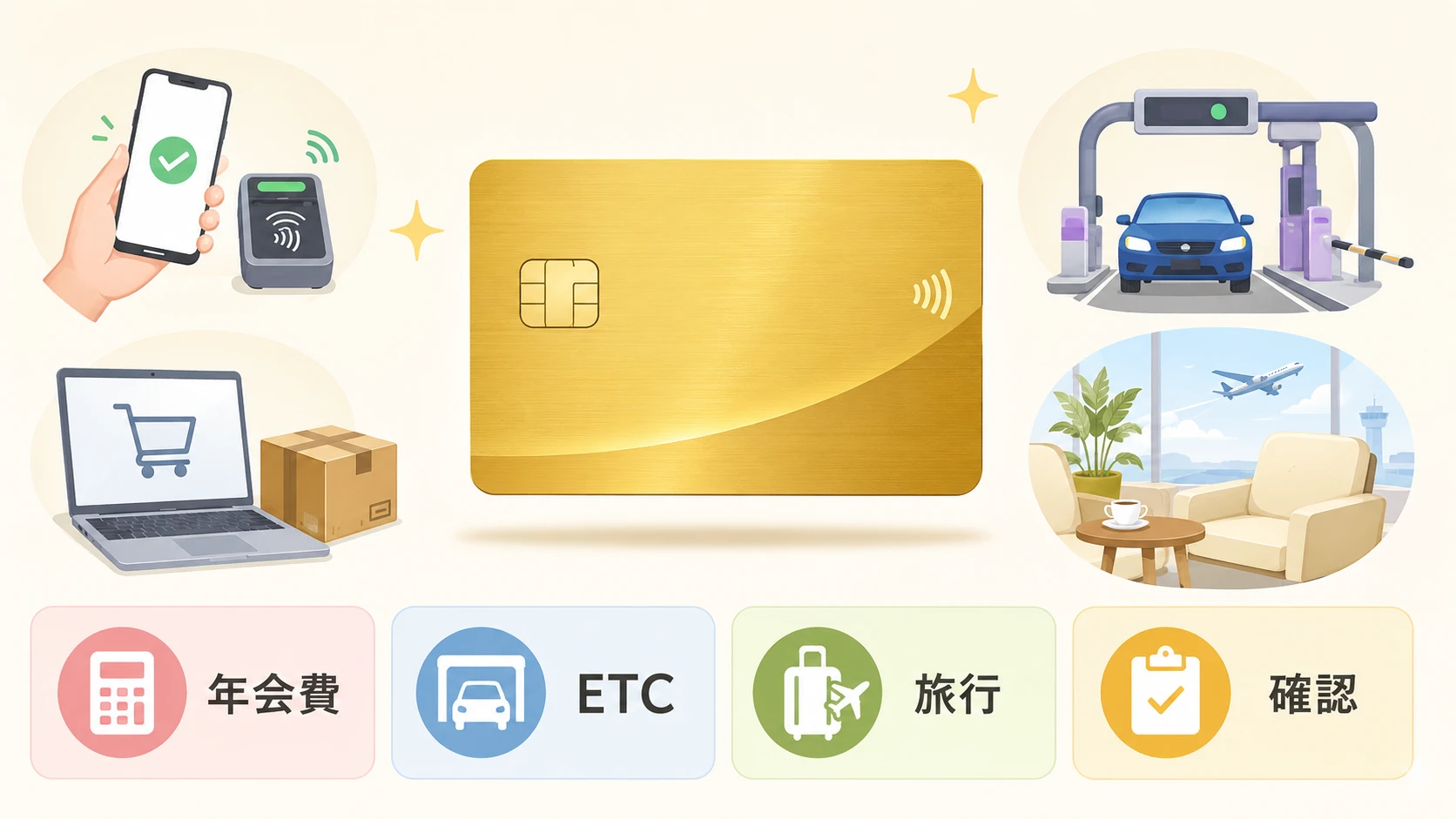 楽天ゴールドカードを初めて作る人が年会費、ETC、空港ラウンジ、楽天ペイ、楽天市場の支払いを確認している説明図