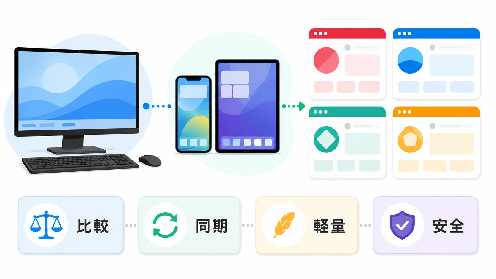 PC、iPhone、iPadでおすすめブラウザを比較する説明図