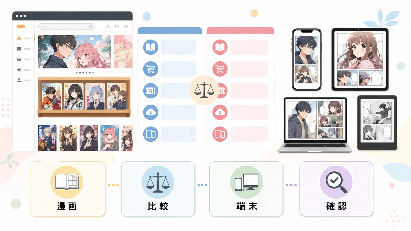 DMMブックスとKindleとFANZAブックスの違いを初心者向けに比較する説明図