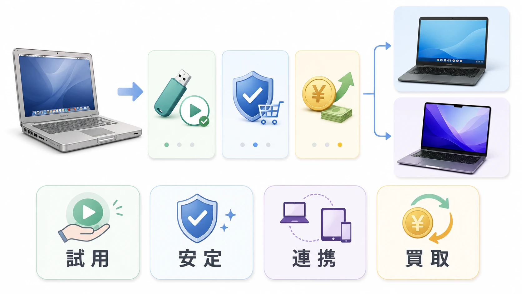 古いMacを活用するか、買い替えるか、売るかを比較する説明図