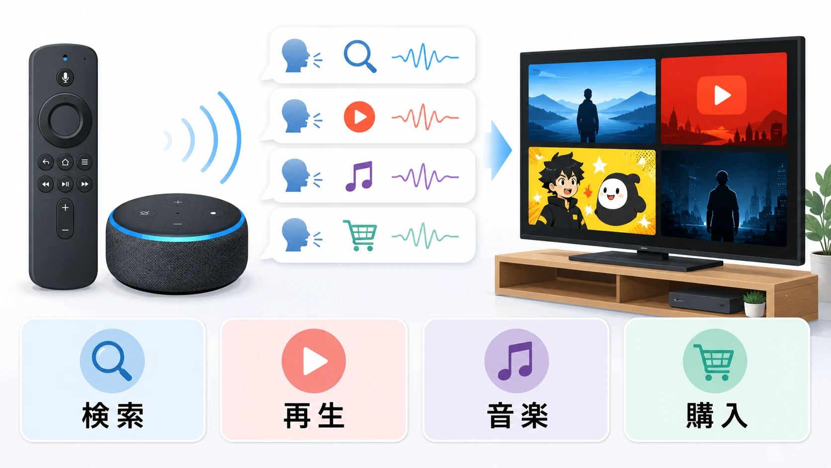 アレクサ音声コマンド一覧。Fire TV Stick、Echo、Prime Video、Amazon Musicを声で操作する流れ