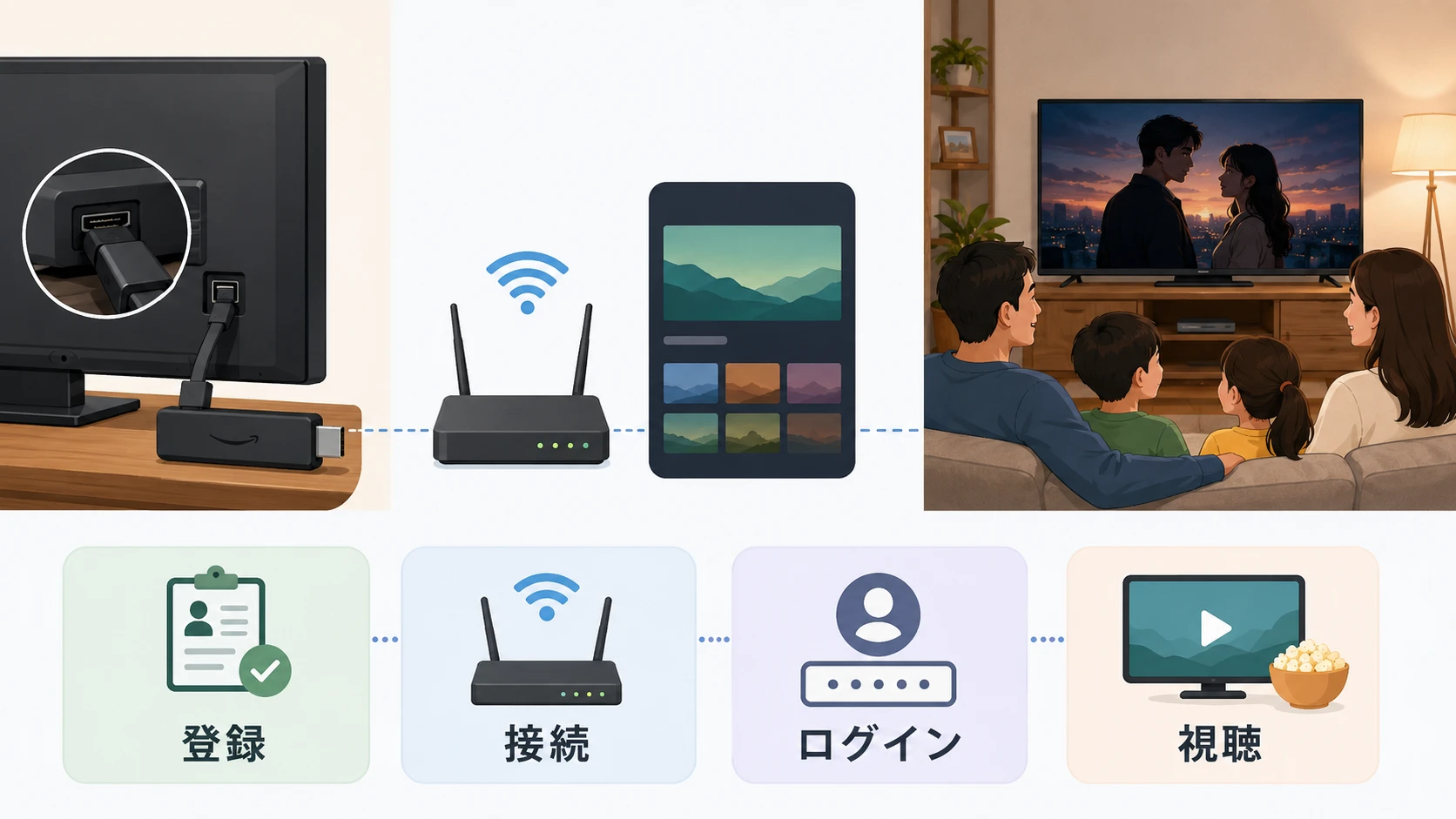 HuluをFire TV Stickでテレビ視聴する方法の説明図