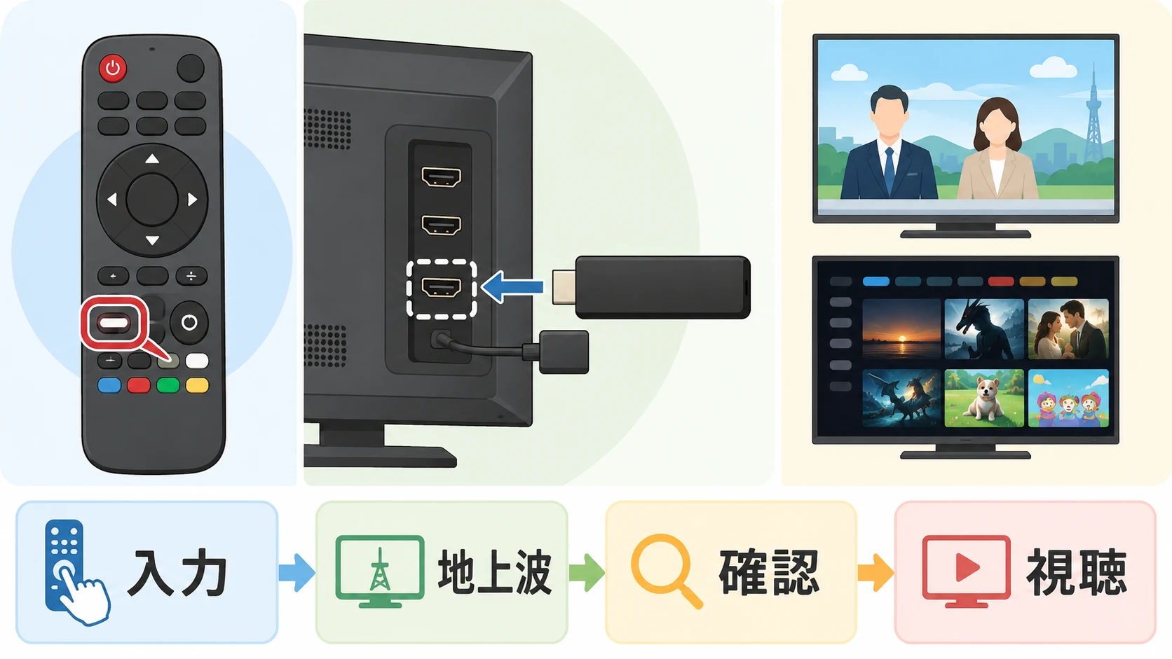 Fire TV Stickの入力切替と地上波に戻す方法が分かる説明図