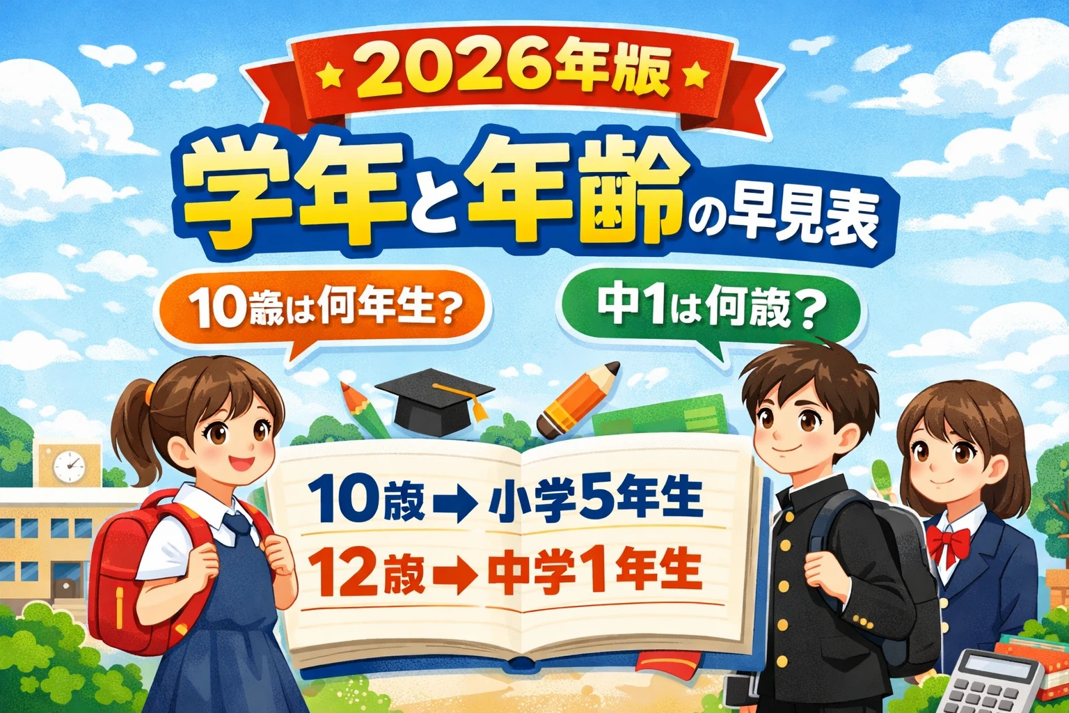 【2026年版】学年と年齢の早見表｜10歳は何年生？中1は何歳？