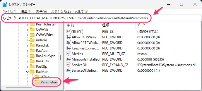 コンピューター¥HKEY_LOCAL_MACHINE¥SYSTEM¥CurrentControlSet¥Services¥RasMan¥Parameters
